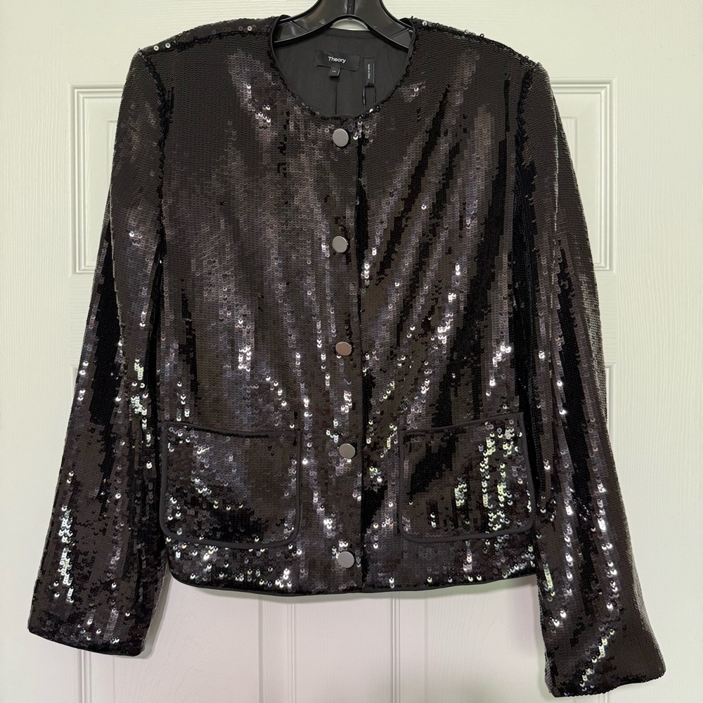 Theory Black Sequin Satin Collarless Jacket